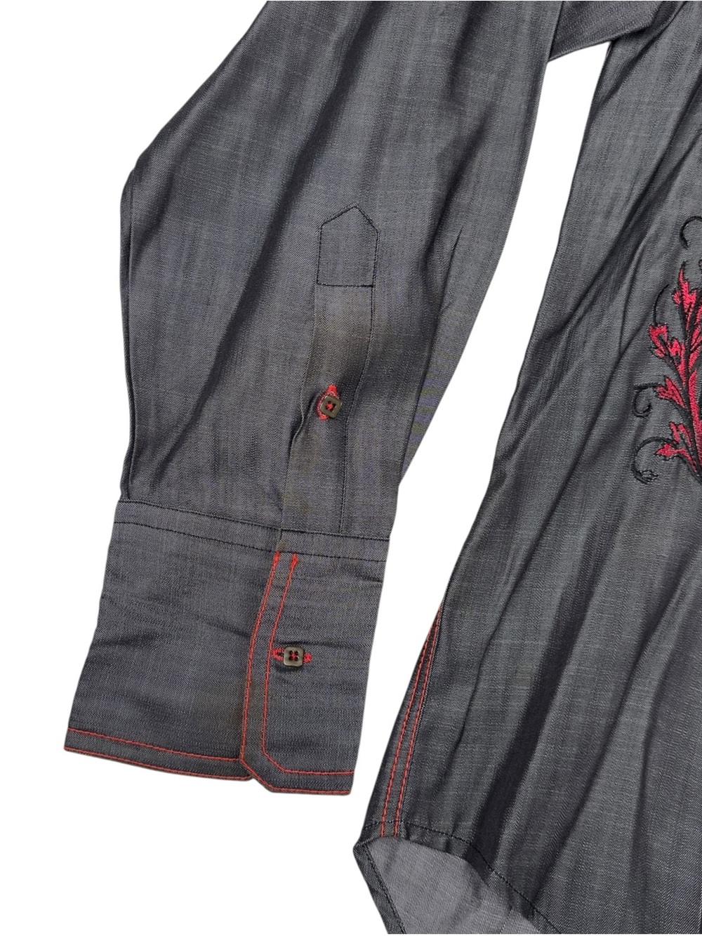 Angelino For Bermuda Button Up Shirt Mens XL Gray Embroidered Red Vines Leaves - Picture 4 of 8
